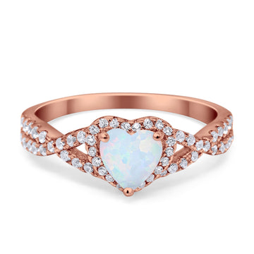 Heart Promise Ring Infinity Shank Rose Tone, Lab White Opal 925 Sterling Silver